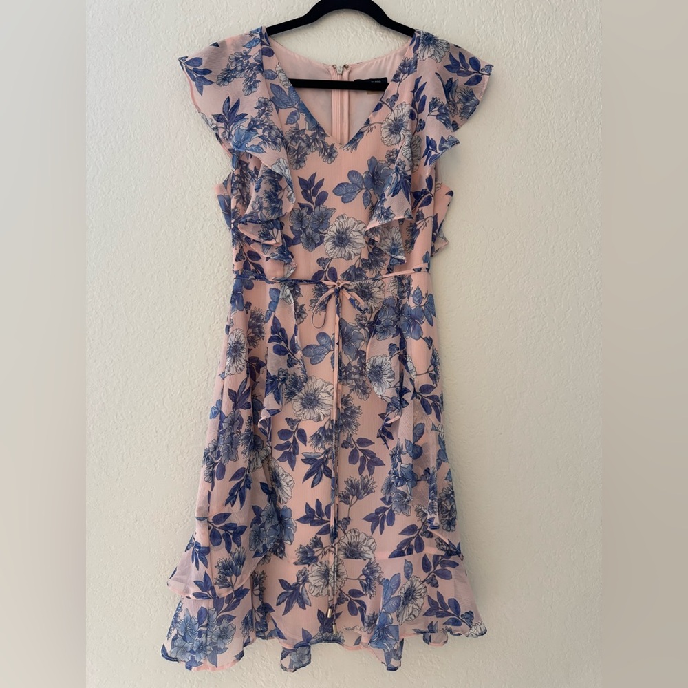 Tommy Hilfiger Floral Chiffon Ruffle Dress Pink Blue Flutter Sleeve-Like New - Picture 4 of 6